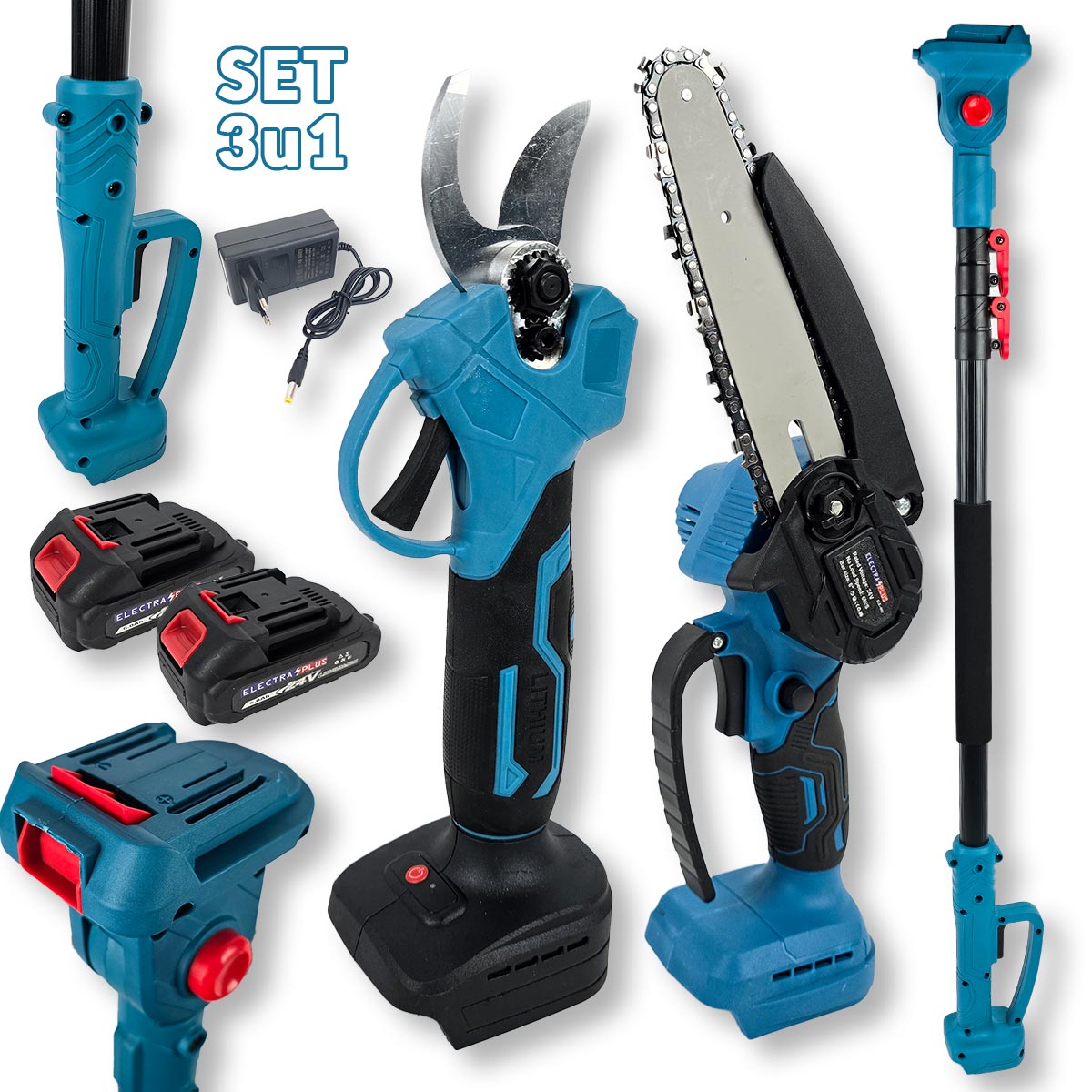 Aku set 3u1 Electra Plus - škare pila teleskopski štap EL003 Front 1