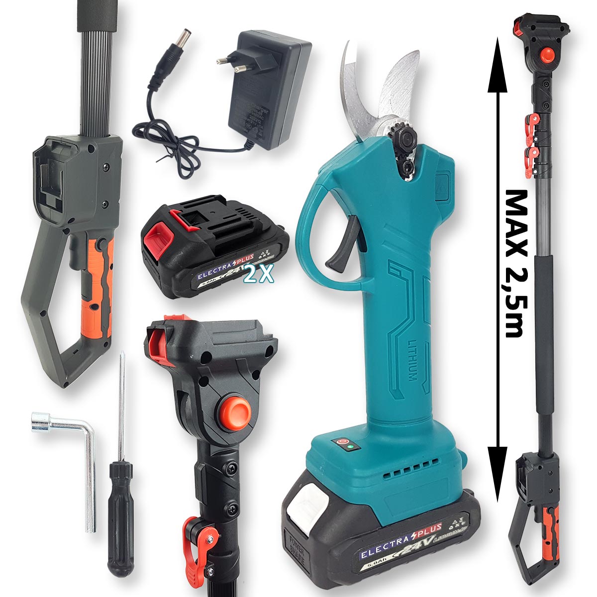 Aku set Electra Plus - škare i teleskopski štap EL009 Front 1
