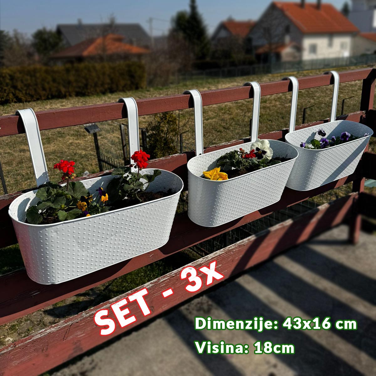 Vrtne metalne posude za cvijeće - 3 velike bijele G722 Front 1